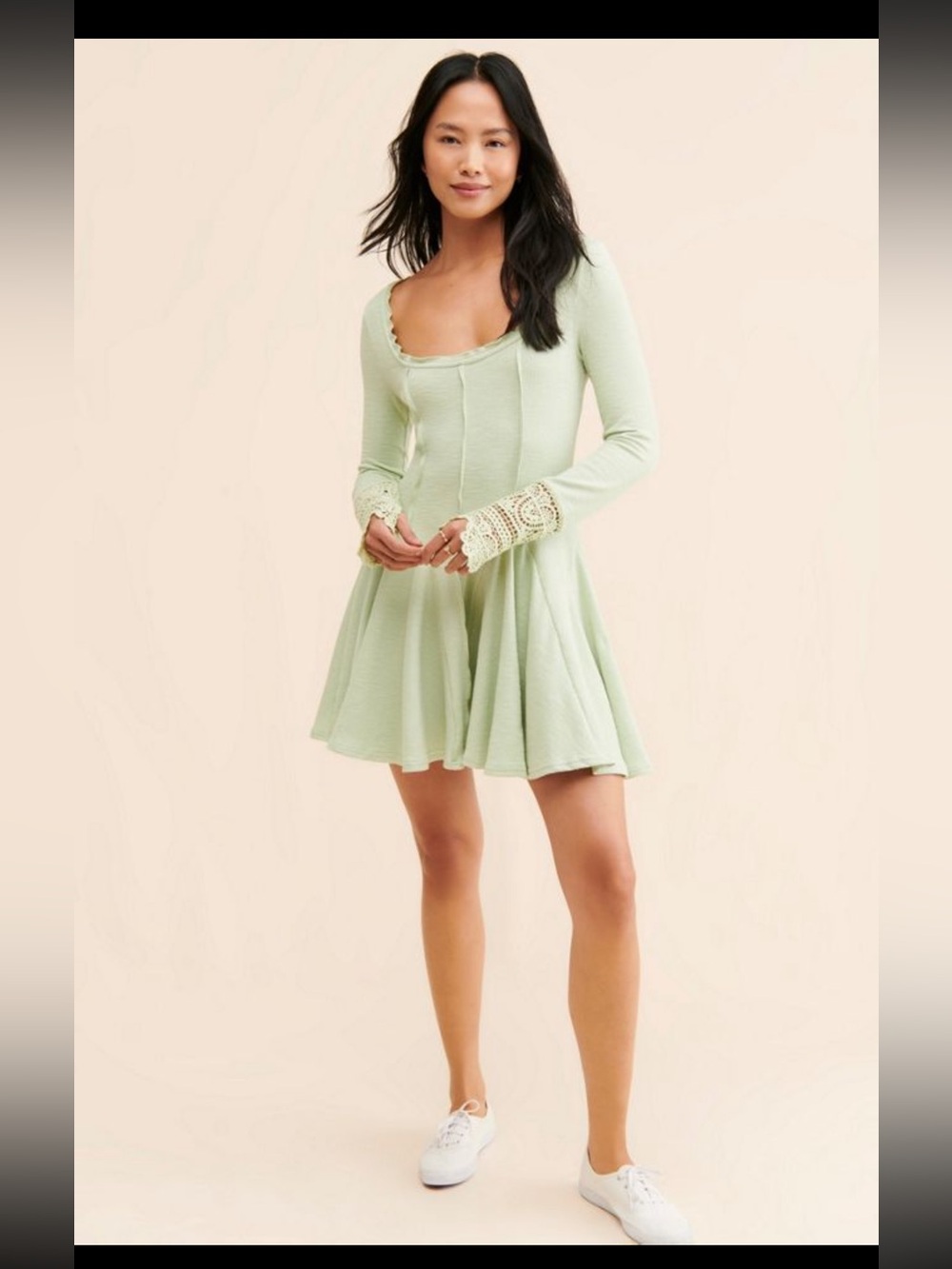 Free People Little Love Thermal Mini Dress Green Crochet Cuff M NWT $148